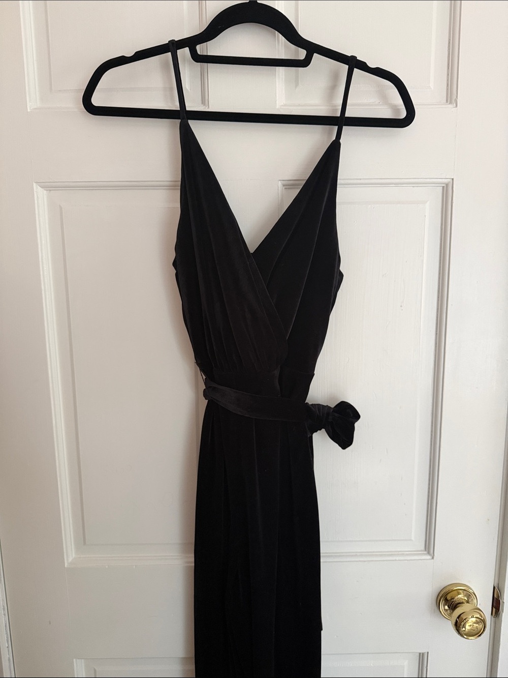 NWOT David's Bridal Black Velvet Wrap Jumpsuit with Tie Waist